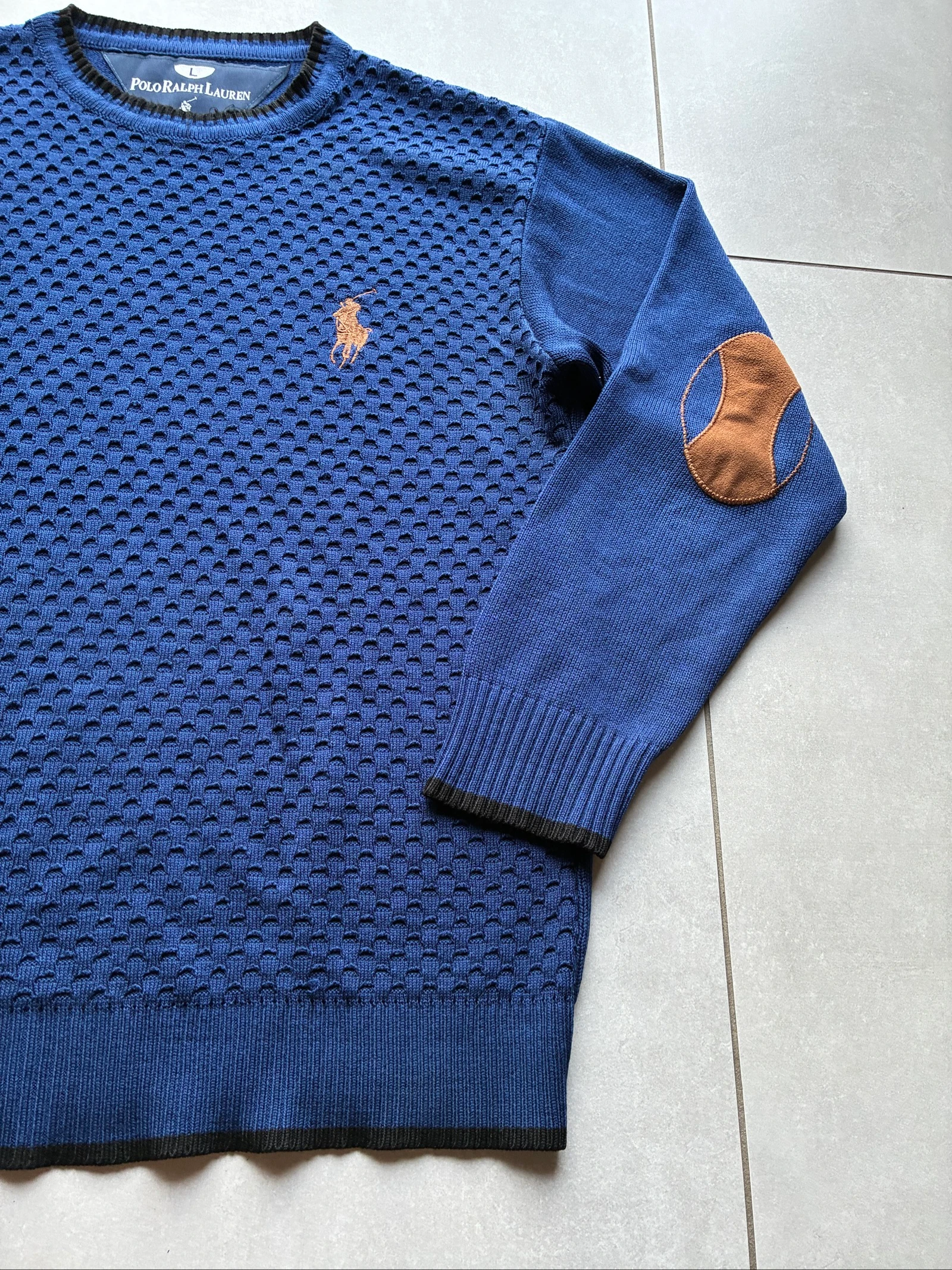 Polo Ralph Lauren Suéter Azul Gola Redonda Texturizado Vintage Y2K Logo Bordado Marrom Remendo nos Cotovelos – photo 5